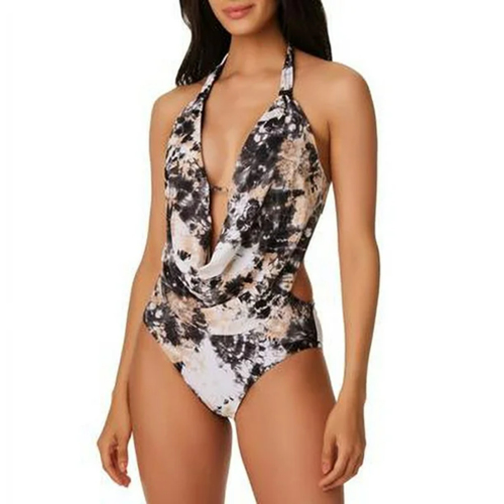 Bar III Black Tie Dye Draped Front Wet N Wild Monokini Swimsuit XS NEW
